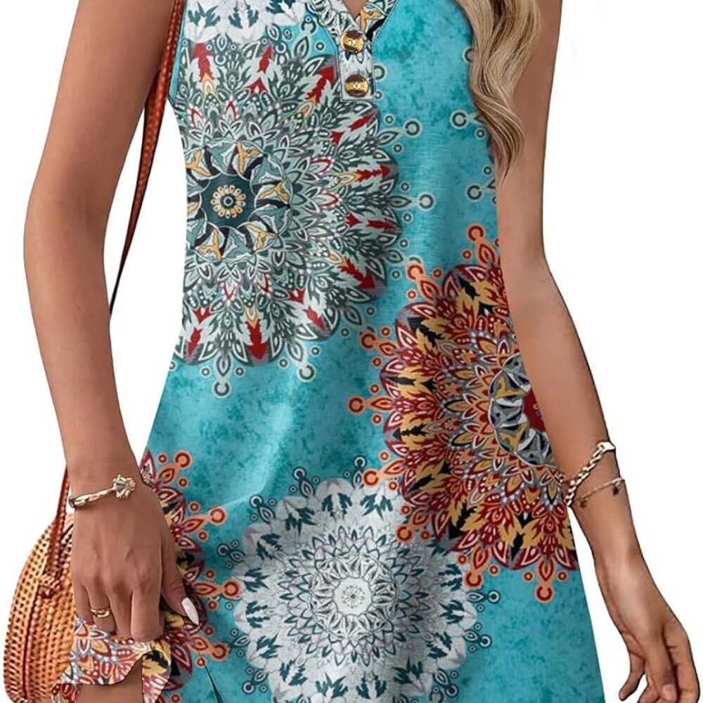 Women Summer Dress V Neck Button Pockets Casual Beach Vacation Wear